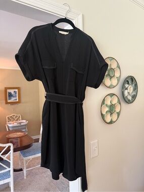 Black Belted Short Sleeve Shirt Dress with Contrast Topstitching